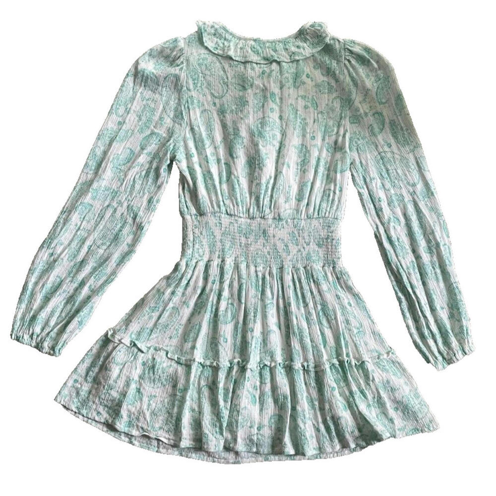 House of Harlow 1960 Paisley Long Sleeve Ruffle Smocked Mini Dress Mint Green S - Picture 7 of 9